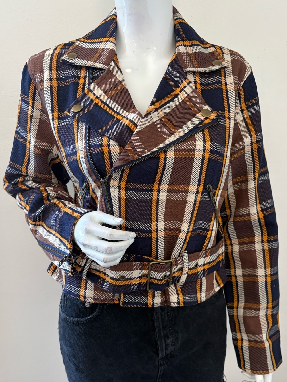 MOTHER Denim The Moto Plaid Belted Motorcycle Jacket in Plaid Reputation Revolve